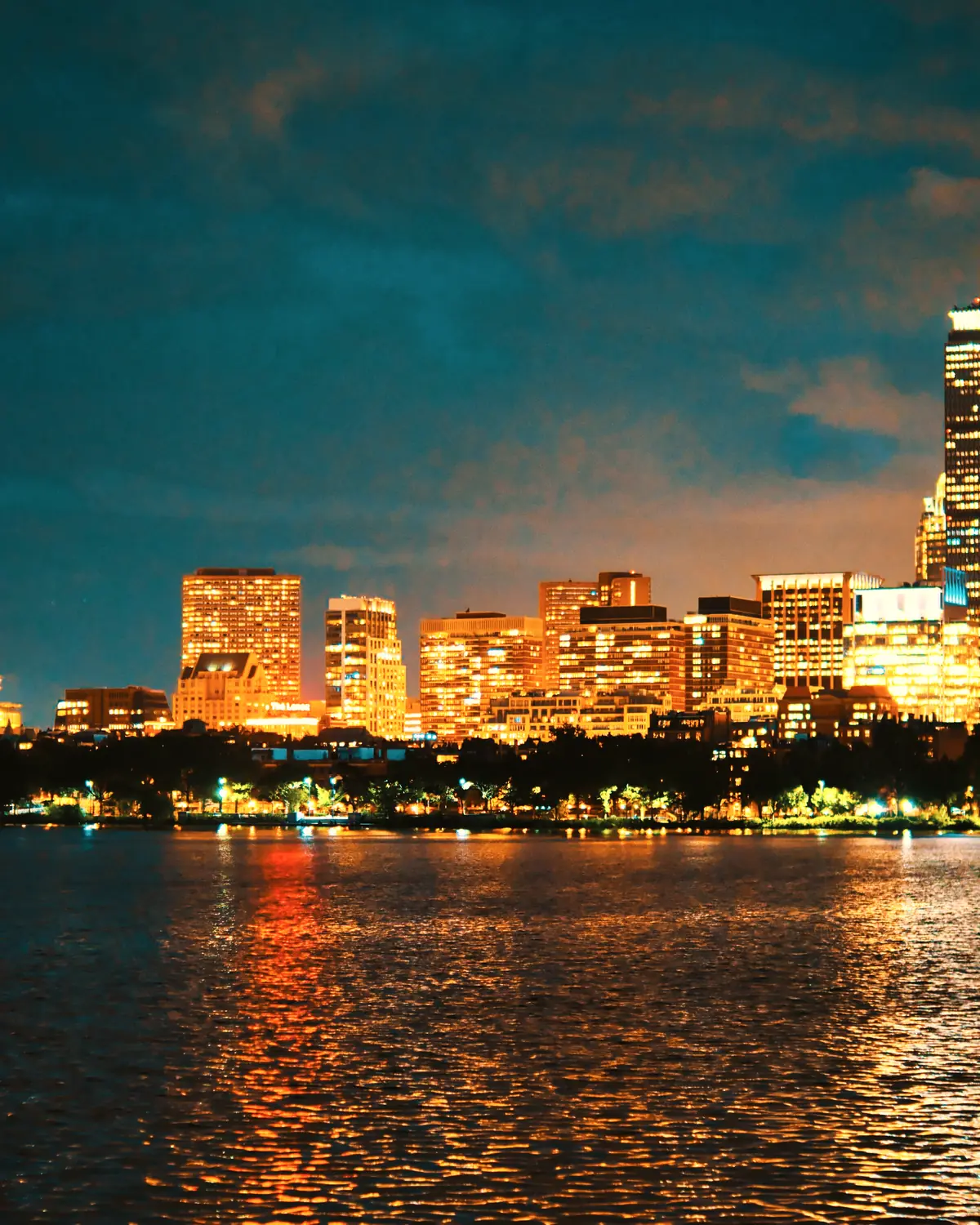 Boston Back Bay skyline at night from the Charles River