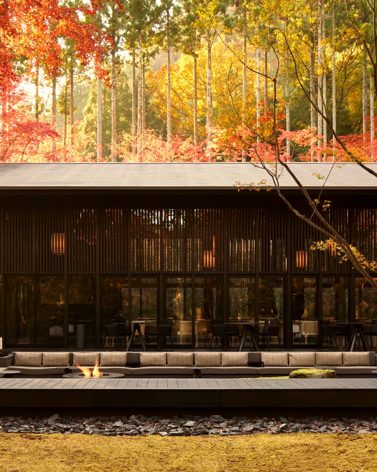 A dark timber pavilion with a sunken fire-pit terrace in front, set against the forest garden in autumn colour (caption: the forest garden of Aman Kyoto...