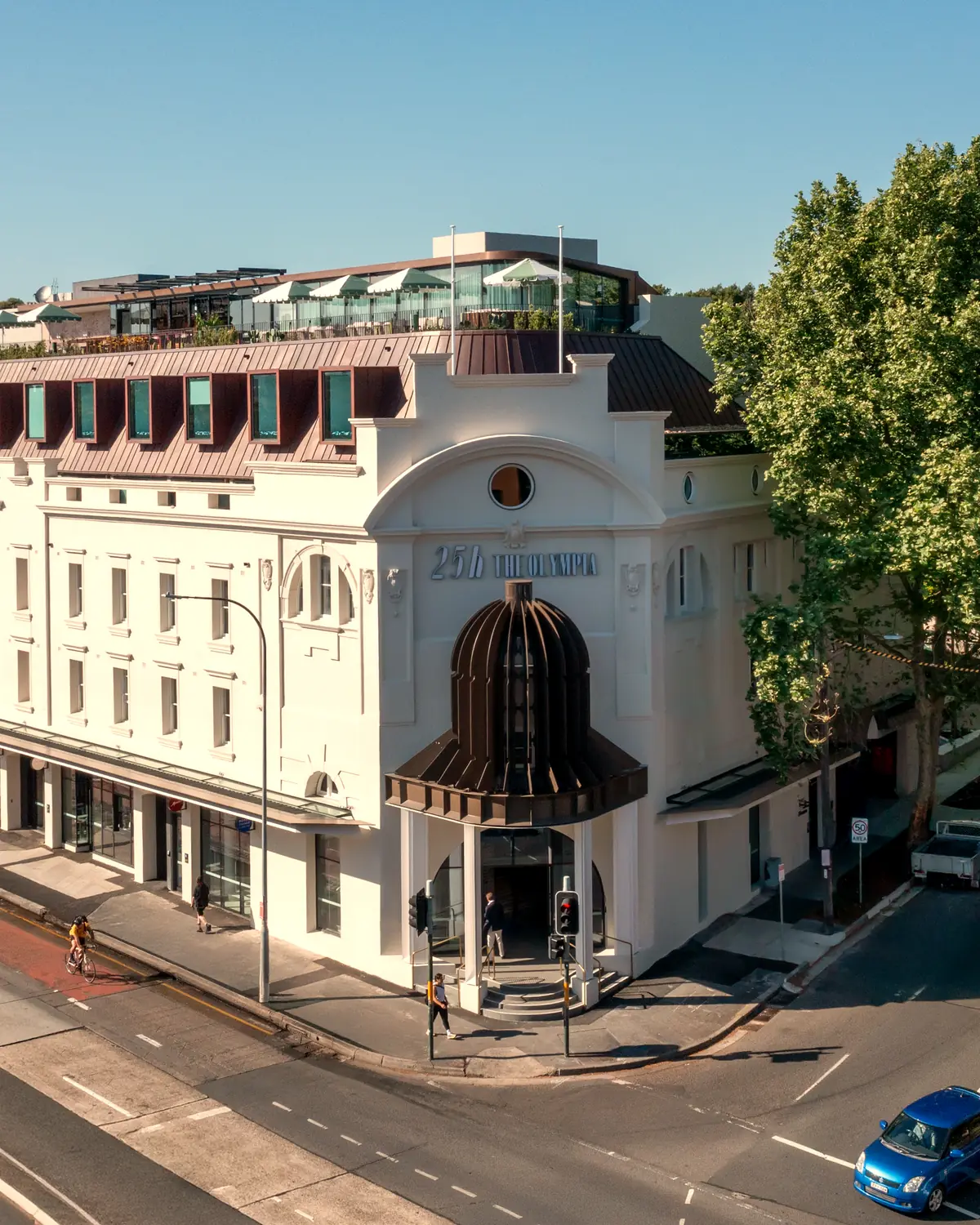Exterior: the white heritage facade on the Oxford Street corner, seen from above (media page item "Exterior")