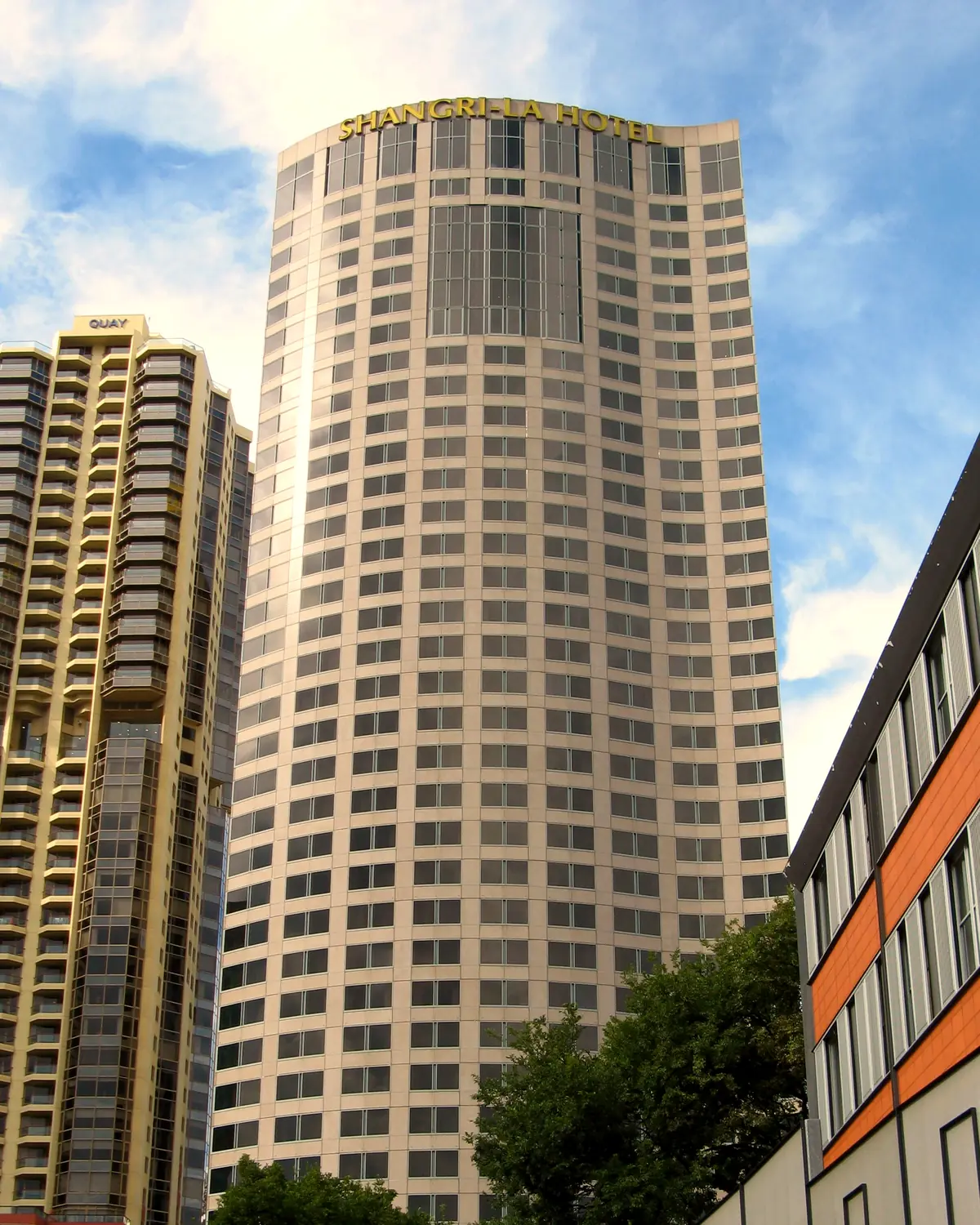 The hotel tower at 176 Cumberland Street, The Rocks, with Shangri-La signage at the top. Shangri-La Sydney
